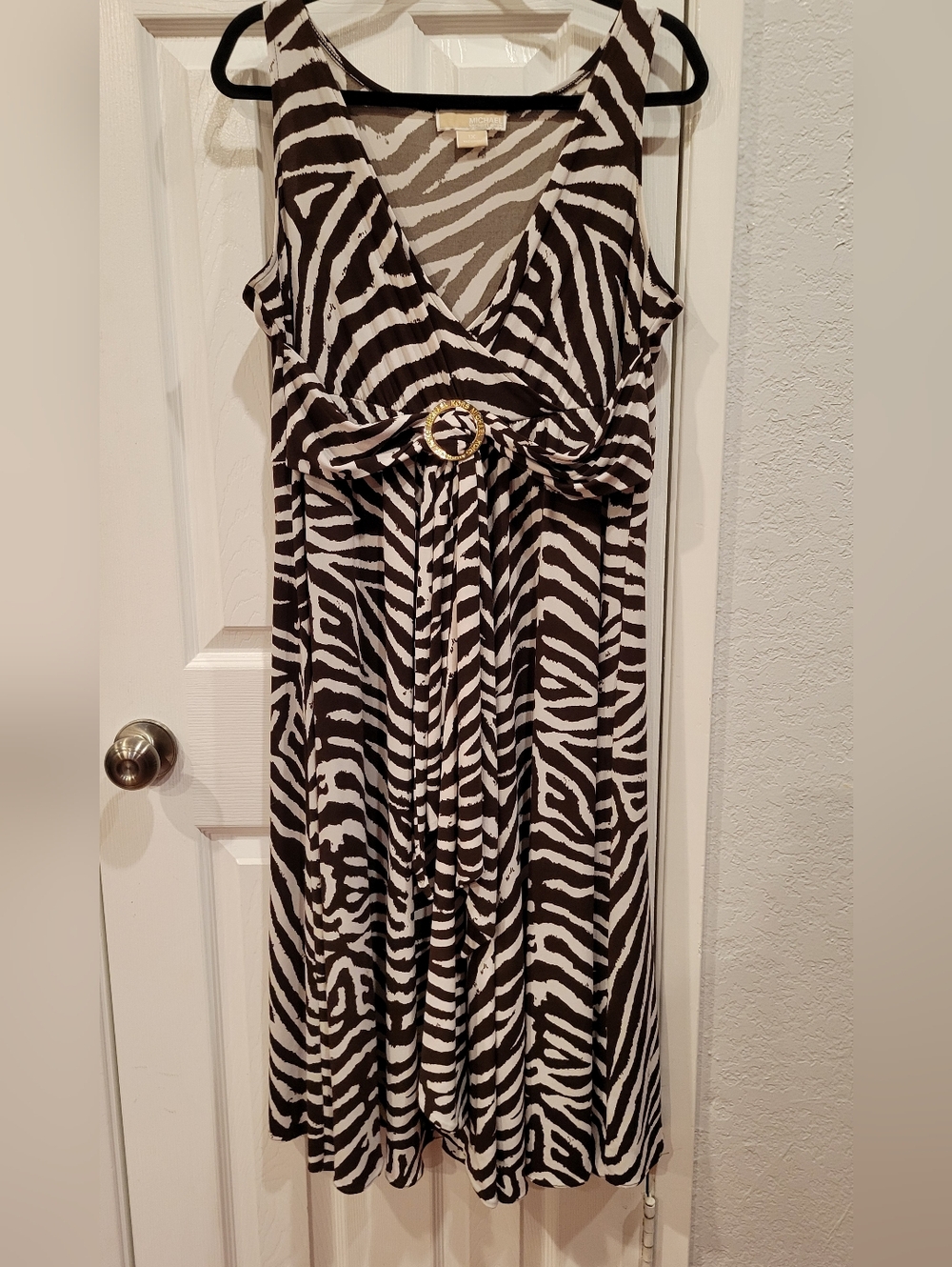 Michael Kors Brown and White Zebra-Print Midi Dress with Gold Buckle
